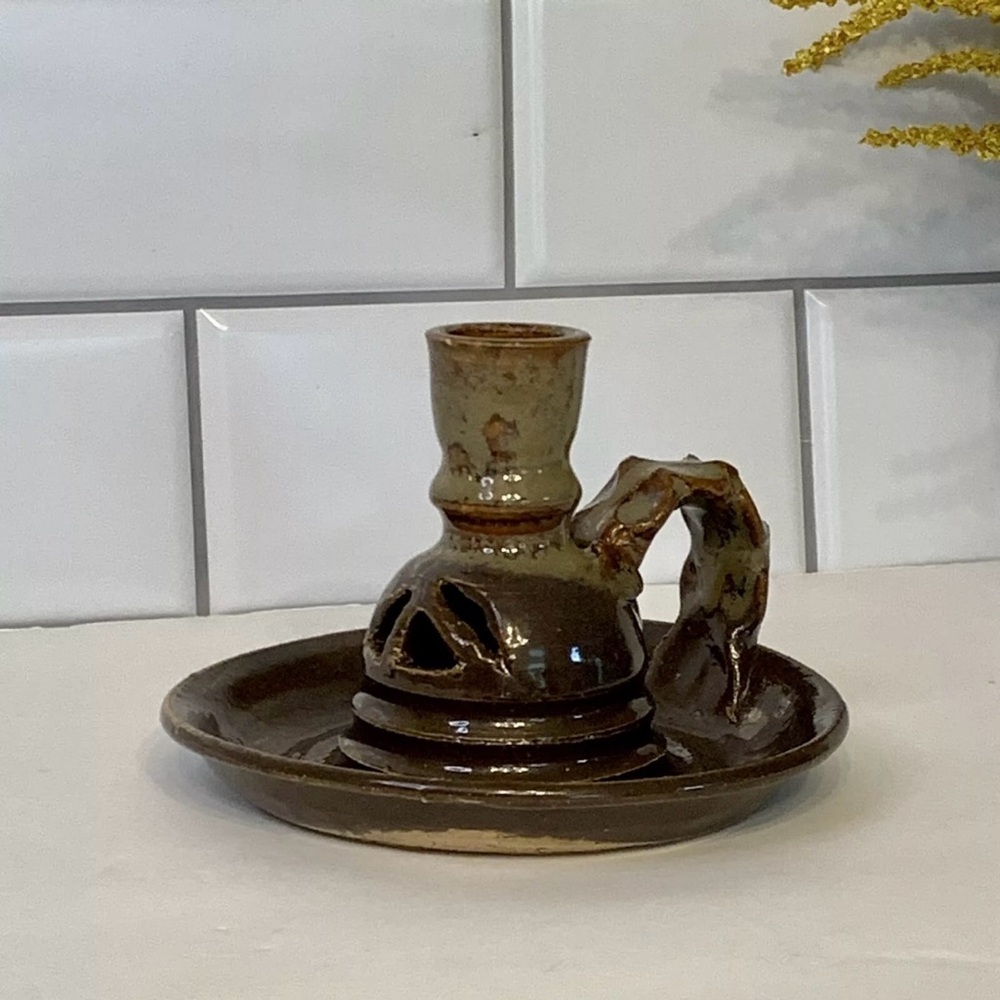 Drip Glaze Stoneware Candle Holder Chamberstick Brown Art Pottery Signed Gube 77